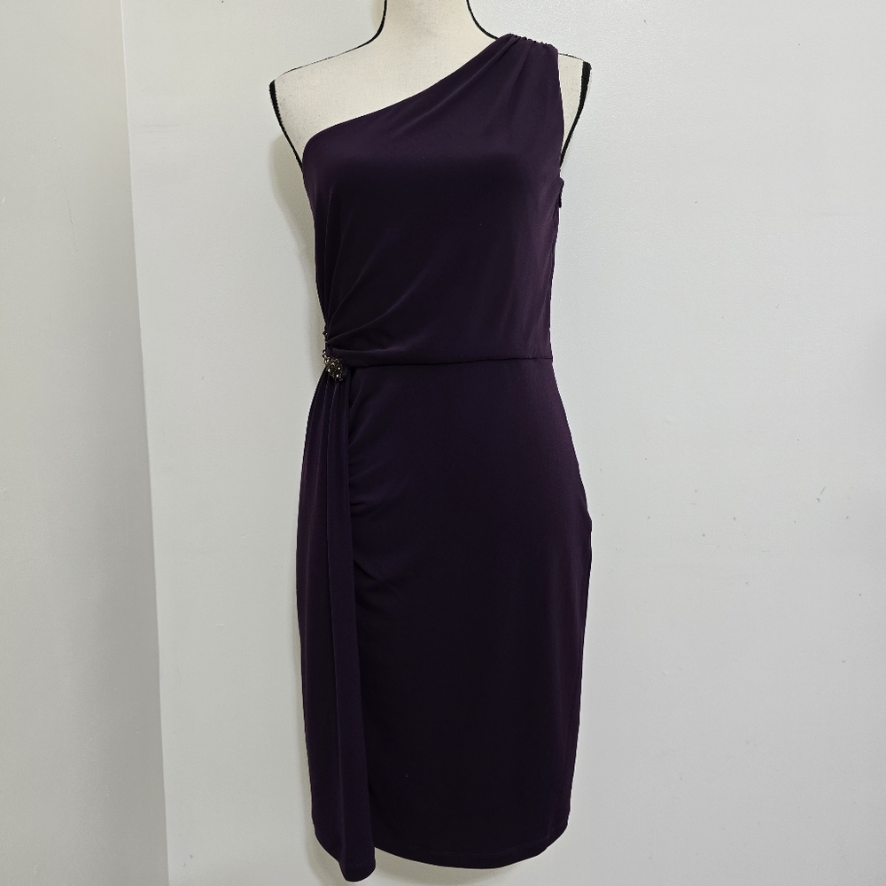 CALVIN KLEIN size 6 Stretch‎ Zip Ruched One Shoulder Embellished Dress Purple